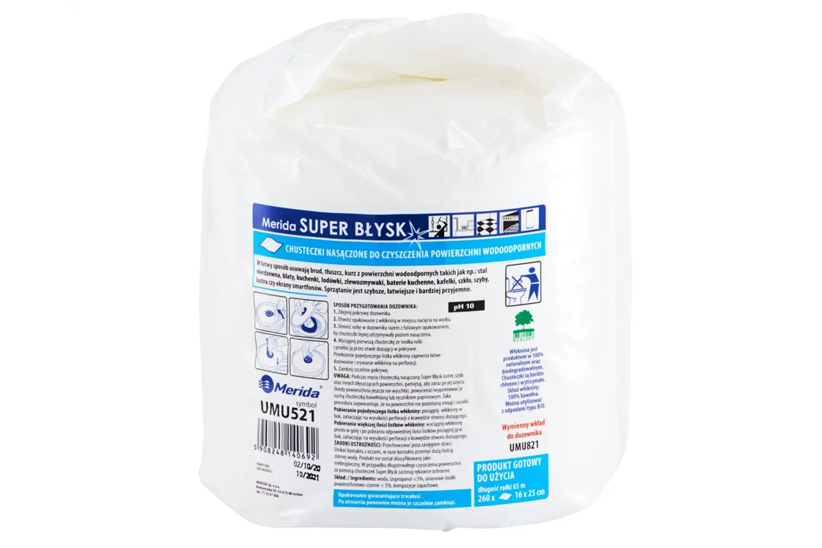 Chusteczki nasączone do powierzchni wodoodpornych MERIDA SUPER BŁYSK, wkład do wiadra 6 l, rolka 65 m, 260 listków
 UMU521