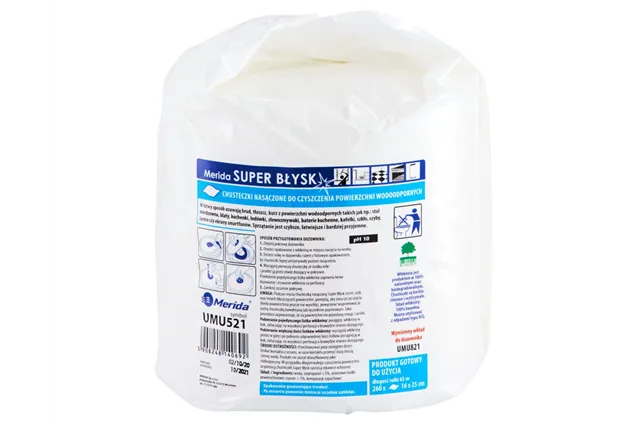 Chusteczki nasączone do powierzchni wodoodpornych MERIDA SUPER BŁYSK, wkład do wiadra 6 l, rolka 65 m, 260 listków
 UMU521