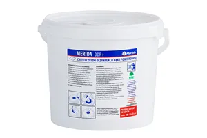 Chusteczki nasączone do dezynfekcji rąk i powierzchni MERIDA POLANA DDR+, wiadro 6 l, rolka 65 m, 260 listków
 Merida UMD821