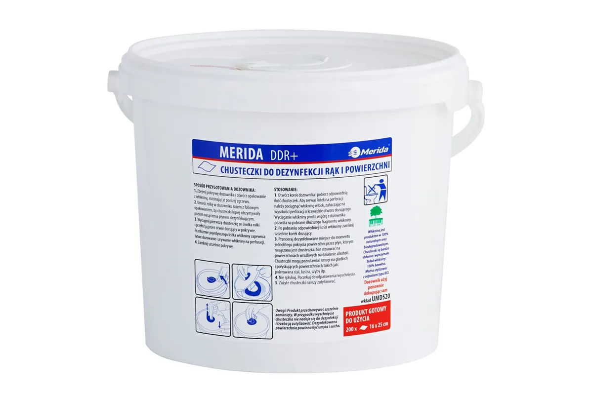 Chusteczki nasączone do dezynfekcji rąk i powierzchni MERIDA POLANA DDR+, wiadro 6 l, rolka 65 m, 260 listków
 Merida UMD821