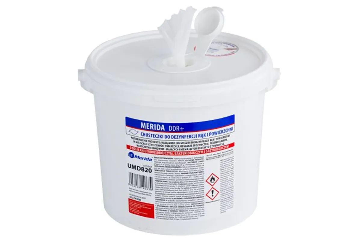 Chusteczki nasączone do dezynfekcji rąk i powierzchni MERIDA POLANA DDR+, wiadro 6 l, rolka 65 m, 260 listków
 Merida UMD821