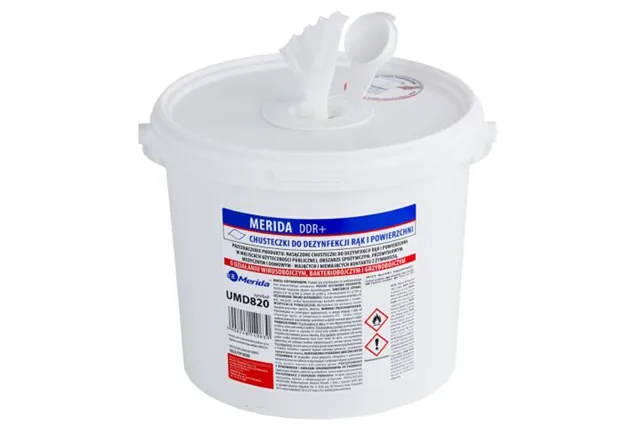 Chusteczki nasączone do dezynfekcji rąk i powierzchni MERIDA POLANA DDR+, wiadro 6 l, rolka 65 m, 260 listków
 Merida UMD821