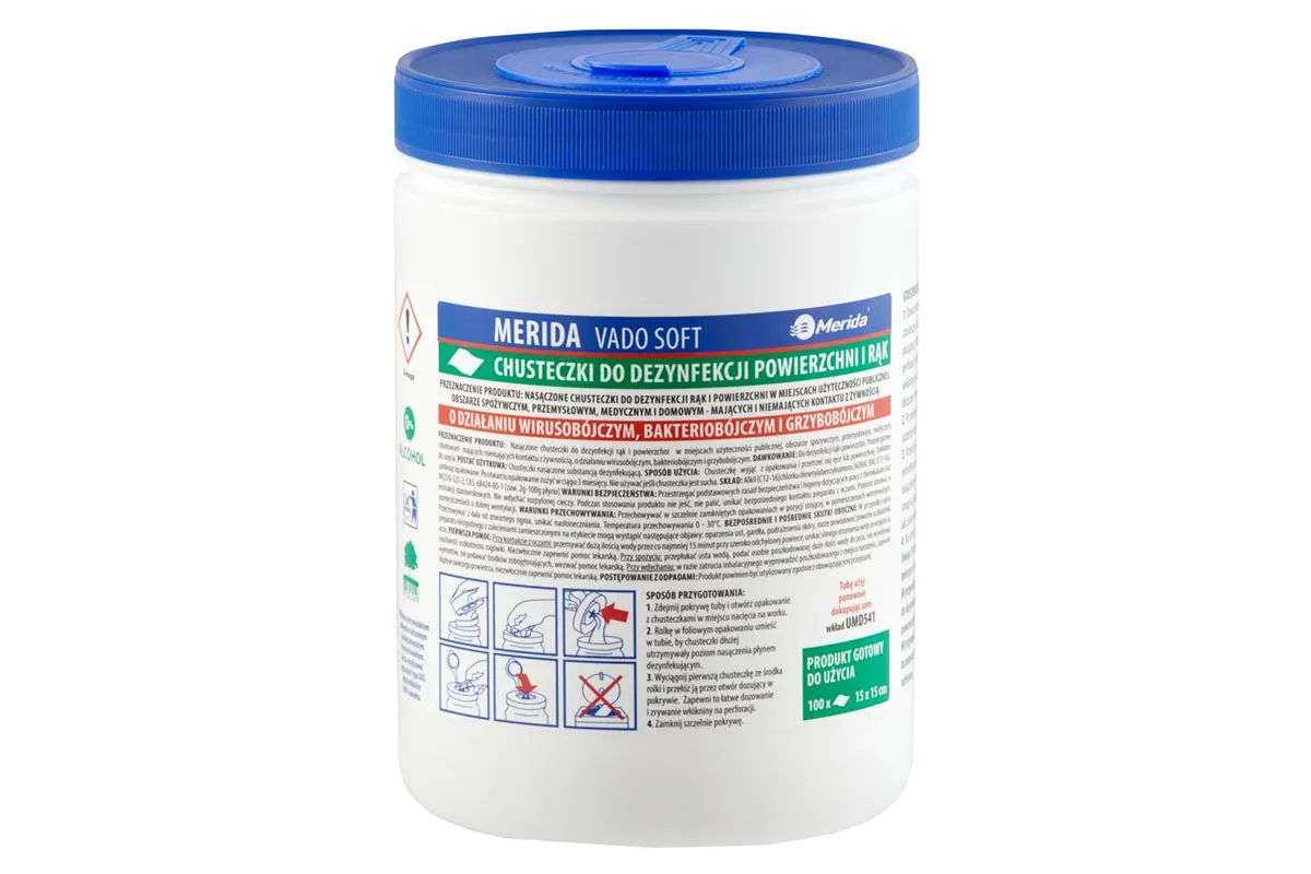 Chusteczki nasączone do dezynfekcji rąk i powierzchni MERIDA VADO SOFT, bezalkoholowe, tuba, 15 m, 100 listków
 Merida UMD742