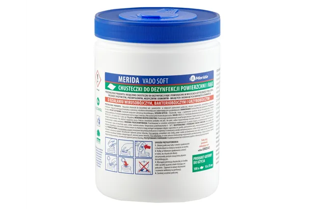 Chusteczki nasączone do dezynfekcji rąk i powierzchni MERIDA VADO SOFT, bezalkoholowe, tuba, 15 m, 100 listków
 Merida UMD742