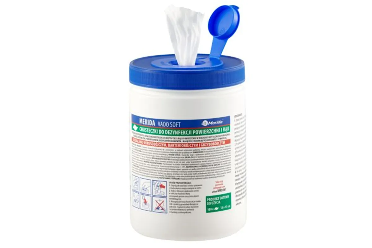 Chusteczki nasączone do dezynfekcji rąk i powierzchni MERIDA VADO SOFT, bezalkoholowe, tuba, 15 m, 100 listków
 Merida UMD742