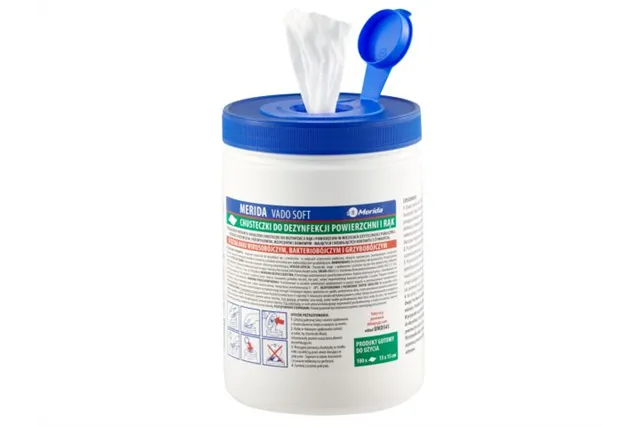 Chusteczki nasączone do dezynfekcji rąk i powierzchni MERIDA VADO SOFT, bezalkoholowe, tuba, 15 m, 100 listków
 Merida UMD742