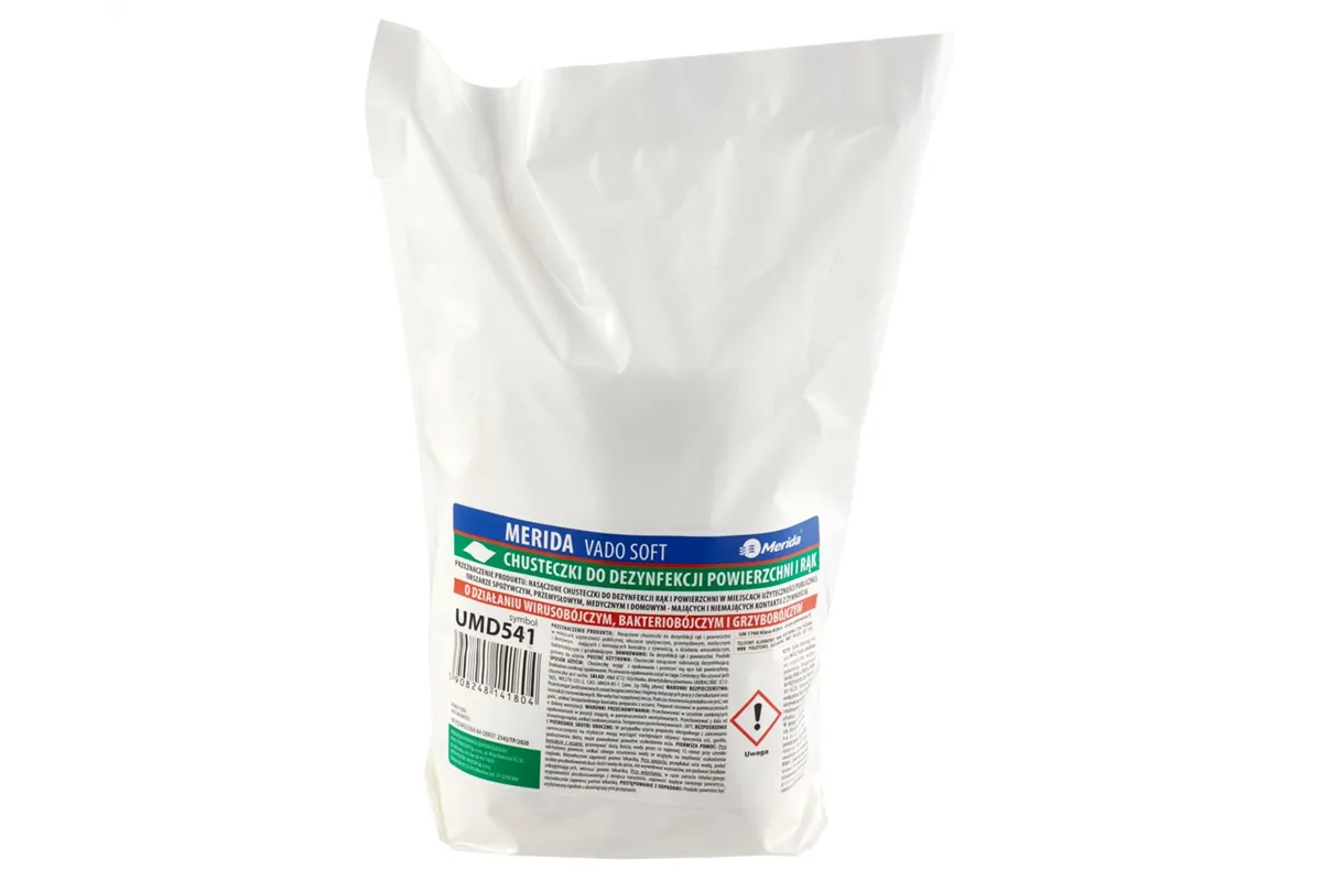 Chusteczki nasączone do dezynfekcji rąk i powierzchni MERIDA VADO SOFT, bezalkoholowe, wkład do tuby, 15 m, 100 listków
 UMD541