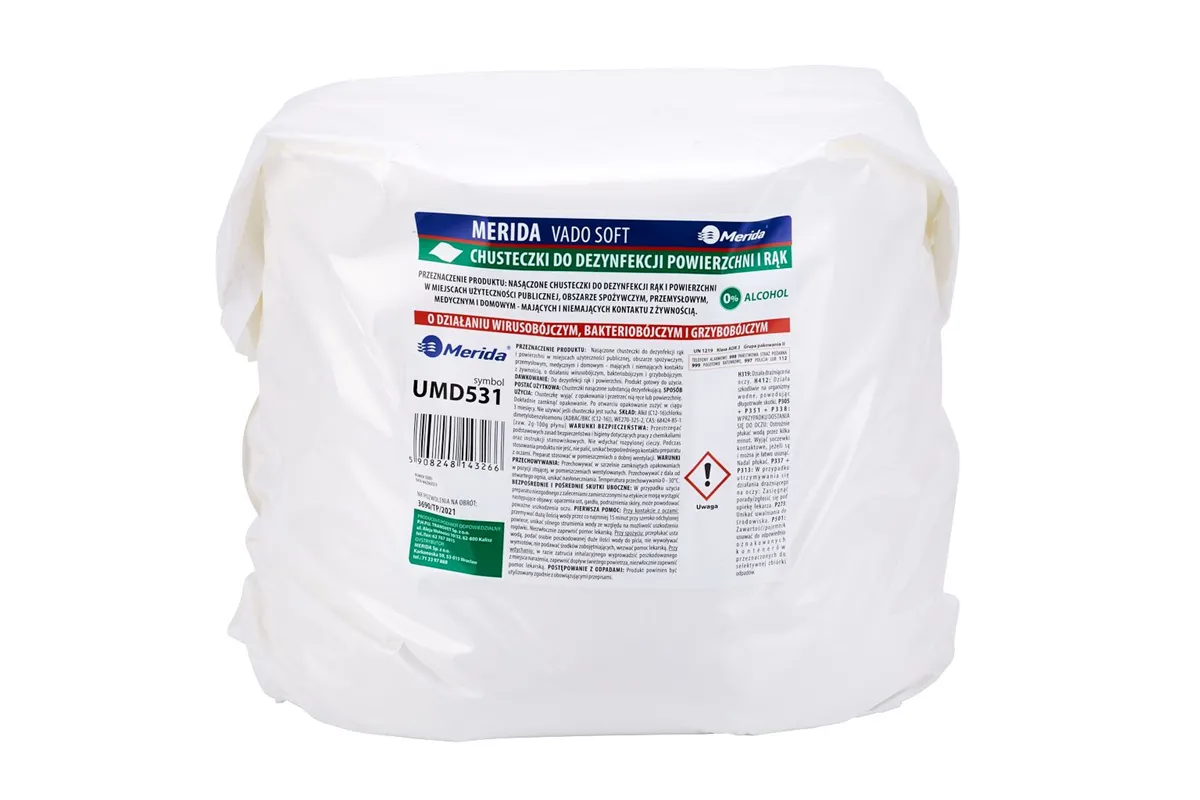 Chusteczki nasączone do dezynfekcji rąk i powierzchni MERIDA VADO SOFT, wkład do wiadra 10 l, rolka 122,36 m, 322 listki
 UMD53
