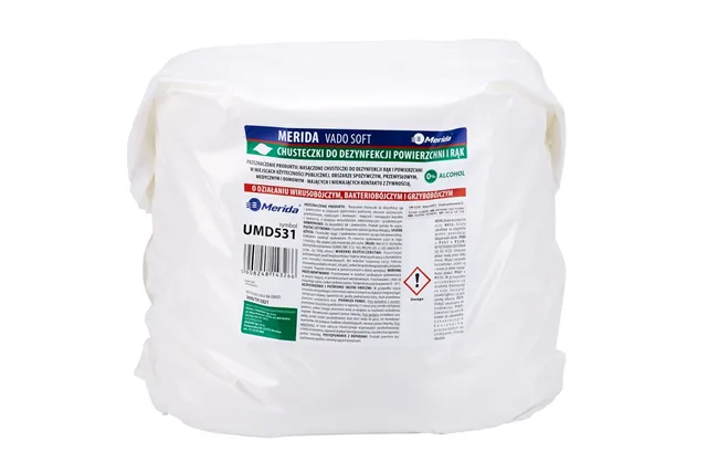 Chusteczki nasączone do dezynfekcji rąk i powierzchni MERIDA VADO SOFT, wkład do wiadra 10 l, rolka 122,36 m, 322 listki
 UMD53