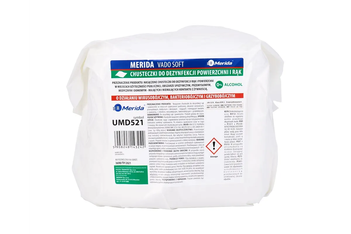 Chusteczki nasączone do dezynfekcji rąk i powierzchni MERIDA VADO SOFT, wkład do wiadra 6 l, rolka 65 m, 260 listków
 UMD521
