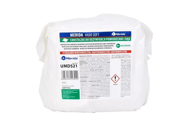 Chusteczki nasączone do dezynfekcji rąk i powierzchni MERIDA VADO SOFT, wkład do wiadra 6 l, rolka 65 m, 260 listków
 UMD521