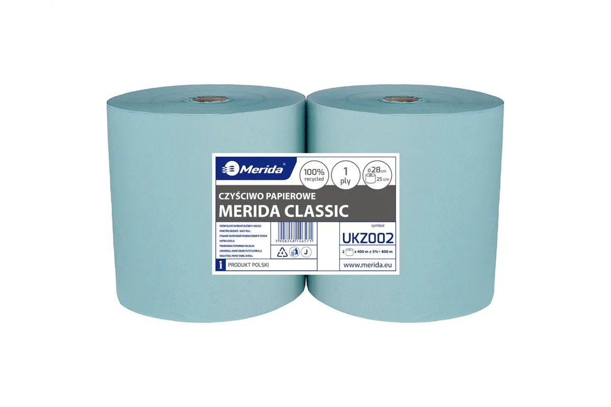 Czyściwo papierowe MERIDA CLASSIC 28, długość 400 m, jednowarstwowe, ZIELONE, zgrzewka 2 szt.
 Merida UKZ002