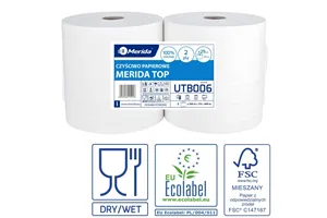 Czyściwo papierowe MERIDA TOP 24, długość 300 m, dwuwarstwowe, BIAŁE, zgrzewka 2 sztuki, ECOLABEL
 Merida UTB006