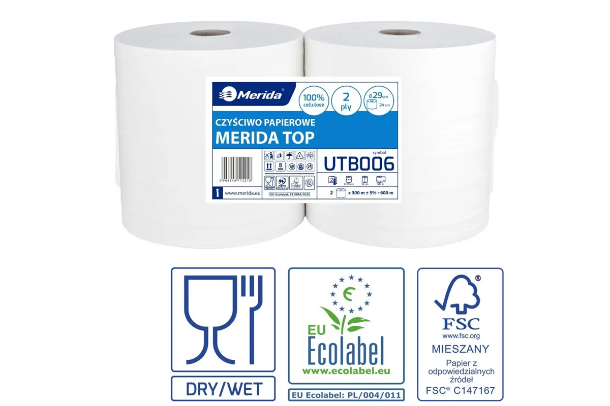 Czyściwo papierowe MERIDA TOP 24, długość 300 m, dwuwarstwowe, BIAŁE, zgrzewka 2 sztuki, ECOLABEL
 Merida UTB006
