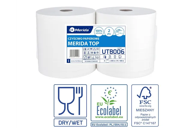 Czyściwo papierowe MERIDA TOP 24, długość 300 m, dwuwarstwowe, BIAŁE, zgrzewka 2 sztuki, ECOLABEL
 Merida UTB006