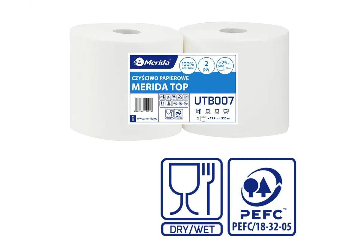 Czyściwo papierowe MERIDA TOP 25, długość 175 m, dwuwarstwowe, BIAŁE, zgrzewka 2 sztuki
 Merida UTB007