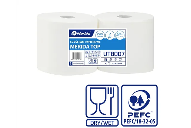 Czyściwo papierowe MERIDA TOP 25, długość 175 m, dwuwarstwowe, BIAŁE, zgrzewka 2 sztuki
 Merida UTB007