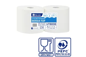 Czyściwo papierowe MERIDA TOP 25, długość 240 m, dwuwarstwowe, BIAŁE, zgrzewka 2 sztuki
 Merida UTB008