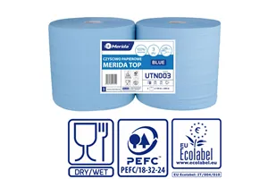 Czyściwo papierowe MERIDA TOP 28, długość 150 m, trzywarstwowe, NIEBIESKIE, zgrzewka 2 sztuki, ECOLABEL
 Merida UTN003