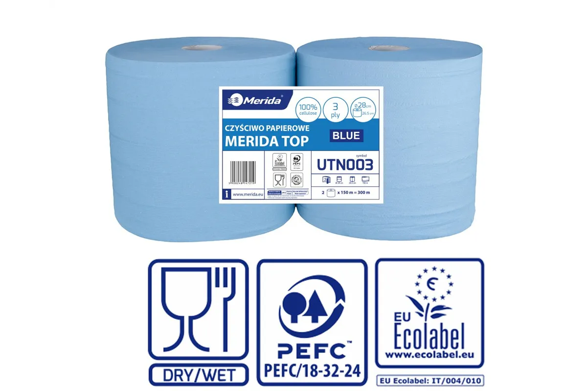 Czyściwo papierowe MERIDA TOP 28, długość 150 m, trzywarstwowe, NIEBIESKIE, zgrzewka 2 sztuki, ECOLABEL
 Merida UTN003