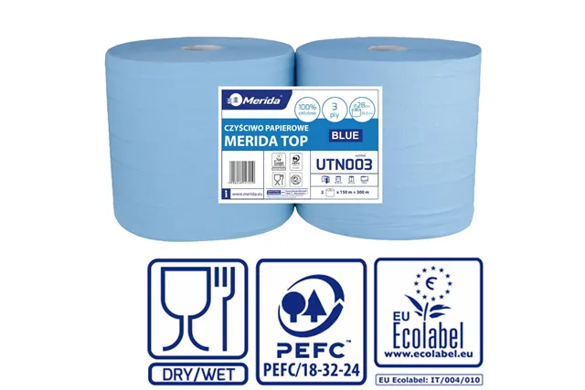 Czyściwo papierowe MERIDA TOP 28, długość 150 m, trzywarstwowe, NIEBIESKIE, zgrzewka 2 sztuki, ECOLABEL
 Merida UTN003
