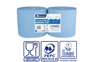 Czyściwo papierowe MERIDA TOP 28, długość 290 m, dwuwarstwowe, NIEBIESKIE, zgrzewka 2 sztuki, ECOLABEL
 Merida UTN002