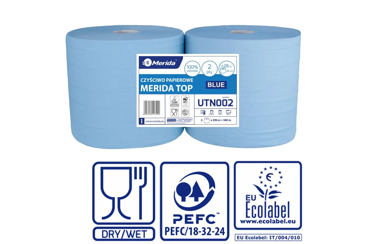 Czyściwo papierowe MERIDA TOP 28, długość 290 m, dwuwarstwowe, NIEBIESKIE, zgrzewka 2 sztuki, ECOLABEL
 Merida UTN002