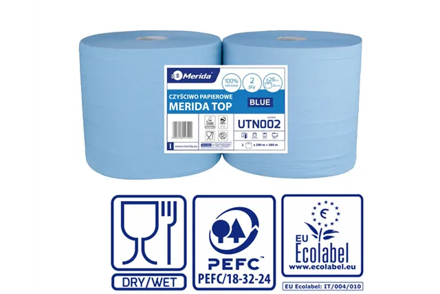 Czyściwo papierowe MERIDA TOP 28, długość 290 m, dwuwarstwowe, NIEBIESKIE, zgrzewka 2 sztuki, ECOLABEL
 Merida UTN002