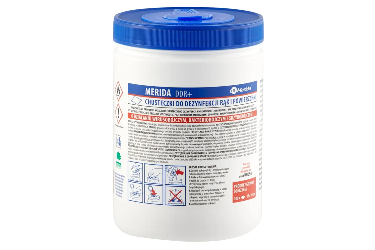 Chusteczki nasączone do dezynfekcji rąk i powierzchni MERIDA POLANA DDR+, tuba, rolka 15 m, 100 listków
 UMD741