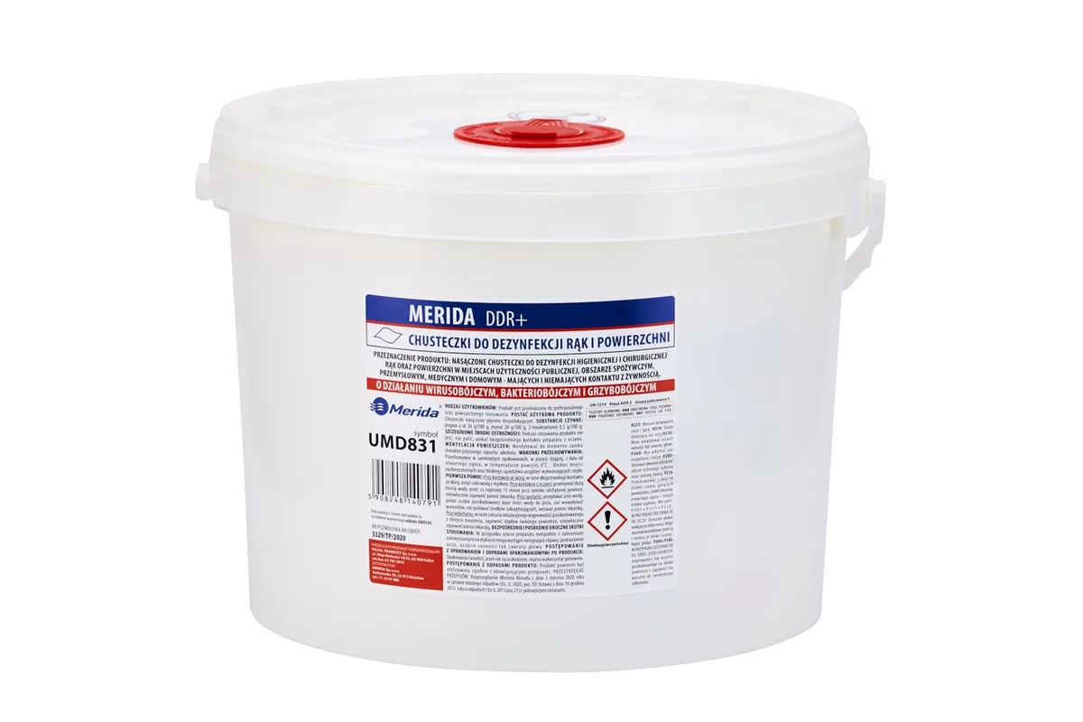 Chusteczki nasączone do dezynfekcji rąk i powierzchni MERIDA POLANA DDR+, wiadro 10 l, rolka 122,36 m, 322 listki
 UMD831