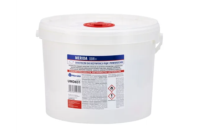 Chusteczki nasączone do dezynfekcji rąk i powierzchni MERIDA POLANA DDR+, wiadro 10 l, rolka 122,36 m, 322 listki
 UMD831