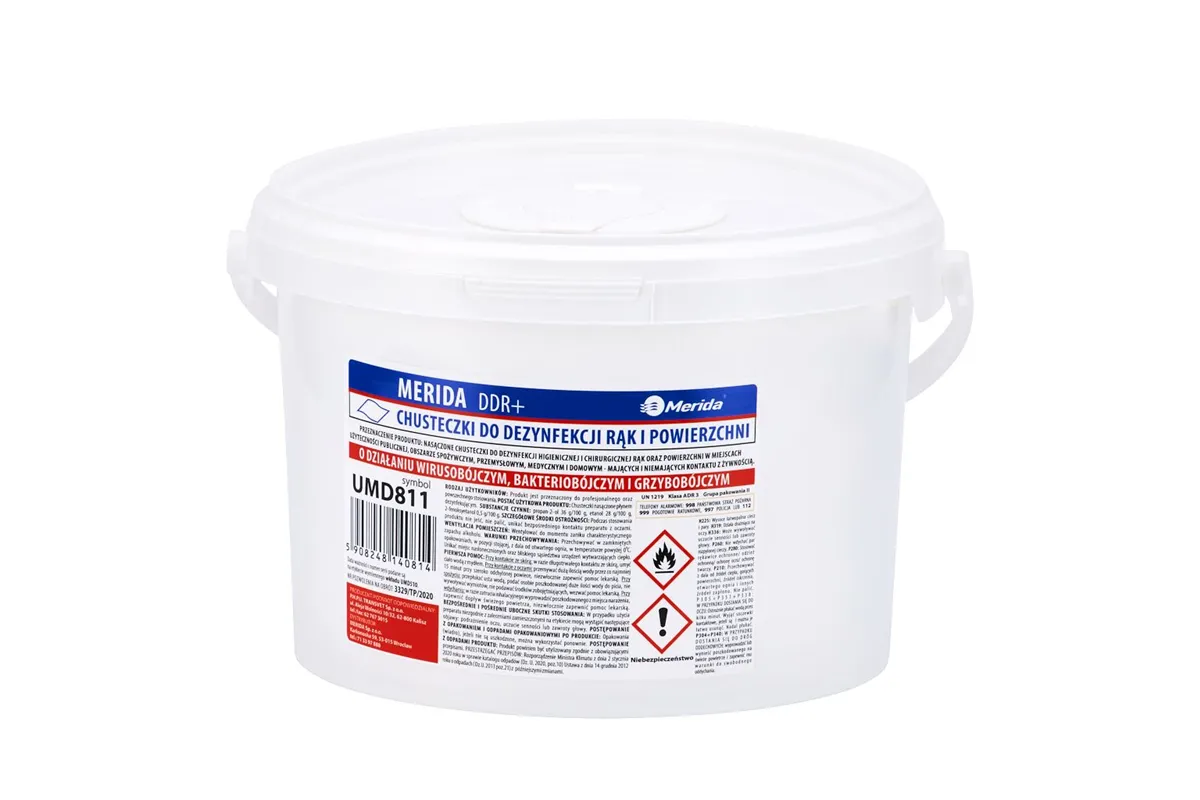 Chusteczki nasączone do dezynfekcji rąk i powierzchni MERIDA POLANA DDR+, wiadro 3 l, rolka 44,5 m, 445 listków
 UMD811