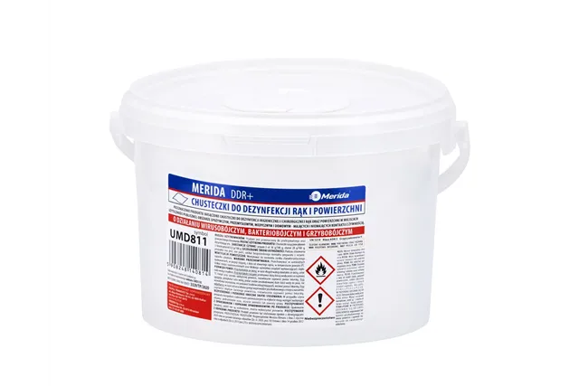 Chusteczki nasączone do dezynfekcji rąk i powierzchni MERIDA POLANA DDR+, wiadro 3 l, rolka 44,5 m, 445 listków
 UMD811