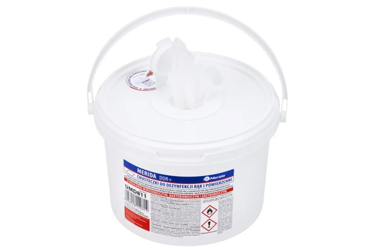 Chusteczki nasączone do dezynfekcji rąk i powierzchni MERIDA POLANA DDR+, wiadro 3 l, rolka 44,5 m, 445 listków
 UMD811