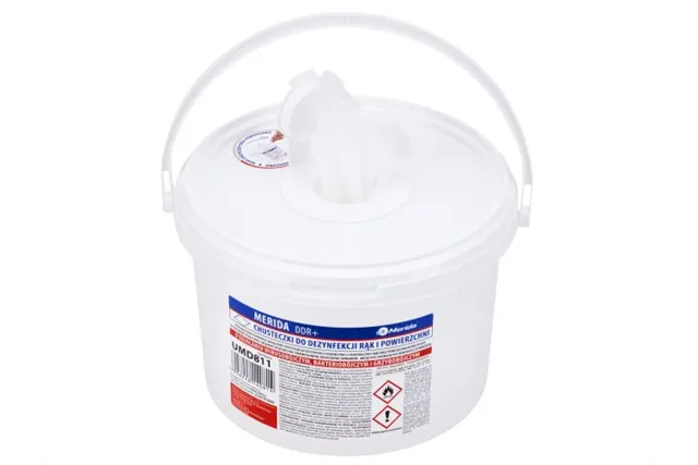 Chusteczki nasączone do dezynfekcji rąk i powierzchni MERIDA POLANA DDR+, wiadro 3 l, rolka 44,5 m, 445 listków
 UMD811