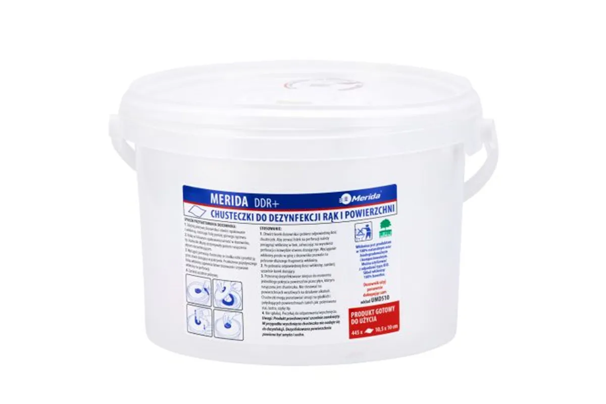 Chusteczki nasączone do dezynfekcji rąk i powierzchni MERIDA POLANA DDR+, wiadro 3 l, rolka 44,5 m, 445 listków
 UMD811