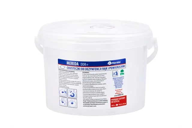 Chusteczki nasączone do dezynfekcji rąk i powierzchni MERIDA POLANA DDR+, wiadro 3 l, rolka 44,5 m, 445 listków
 UMD811