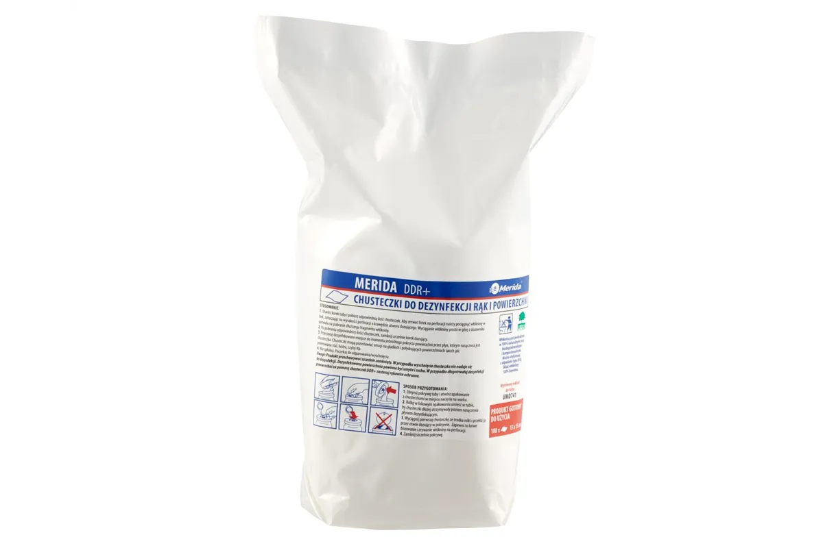 Chusteczki nasączone do dezynfekcji rąk i powierzchni MERIDA POLANA DDR+, wkład do tuby, 15 m, 100 listków
 UMD540