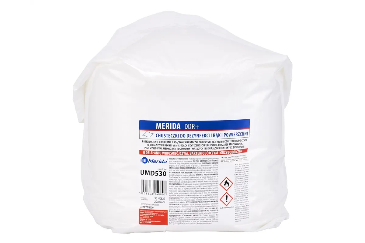 Chusteczki nasączone do dezynfekcji rąk i powierzchni MERIDA POLANA DDR+, wkład do wiadra 10 l, 122,36 m, 322 listki
 UMD530