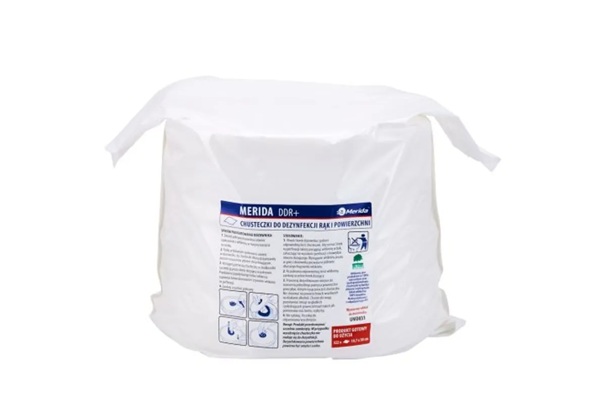 Chusteczki nasączone do dezynfekcji rąk i powierzchni MERIDA POLANA DDR+, wkład do wiadra 10 l, 122,36 m, 322 listki
 UMD530