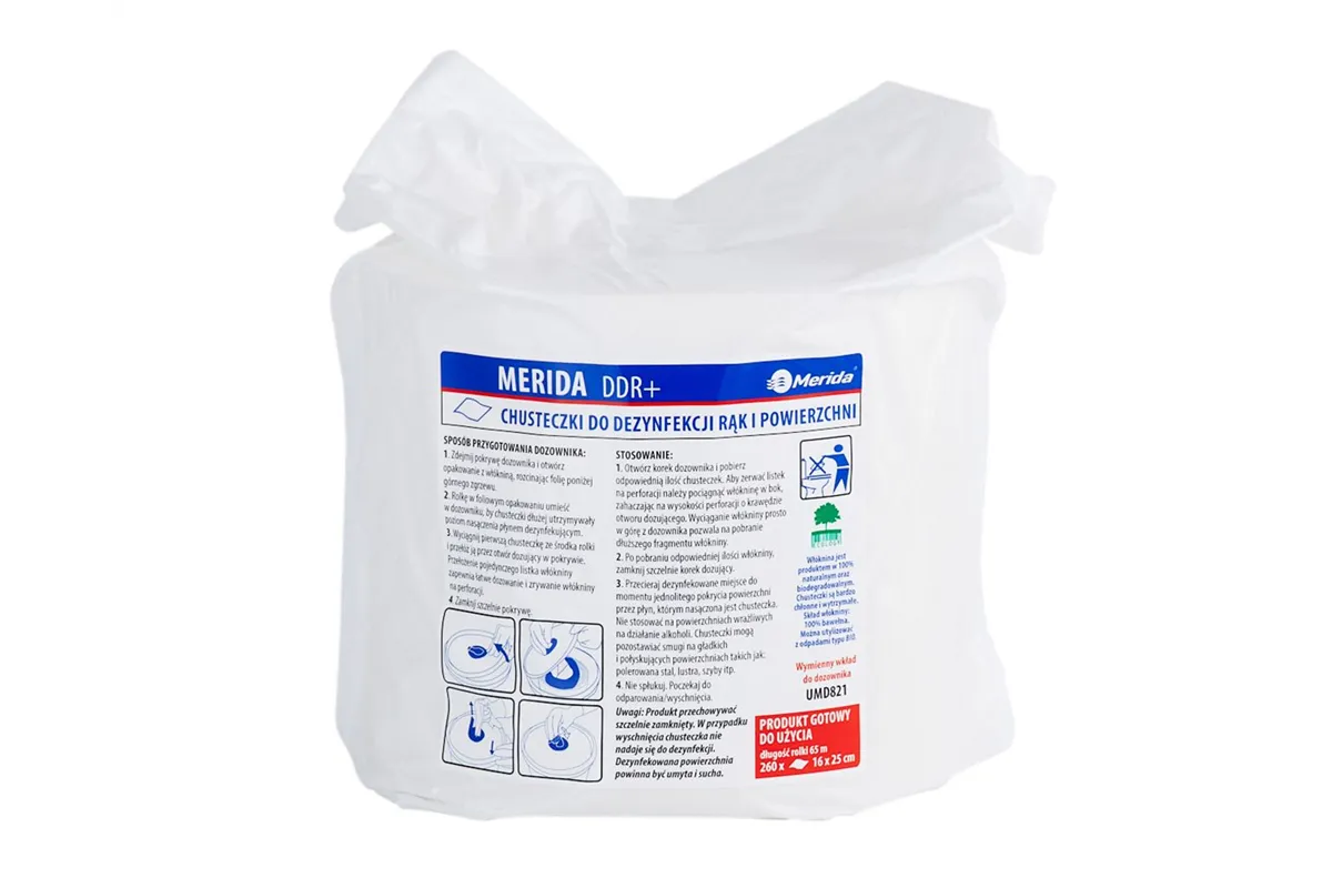 Chusteczki nasączone do dezynfekcji rąk i powierzchni MERIDA POLANA DDR+, wkład do wiadra 6 l, 65 m, 260 listków
 UMD520