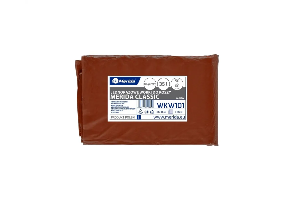 Worki na odpady BIO, MERIDA CLASSIC, 50 x 60 cm, pojemność 35 l, paczka 50 szt., BRĄZOWE, LDPE
 Merida WKW101