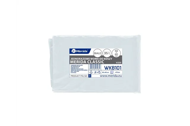Worki na śmieci MERIDA, 50 x 60 cm, pojemność 35 l, paczka 50 szt., BIAŁE, LDPE
 Merida WKB101