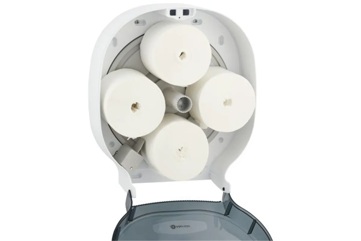 Pojemnik na cztery rolki papieru toaletowego bez gilzy MERIDA ONE, tworzywo ABS, biały
 Merida BEB302