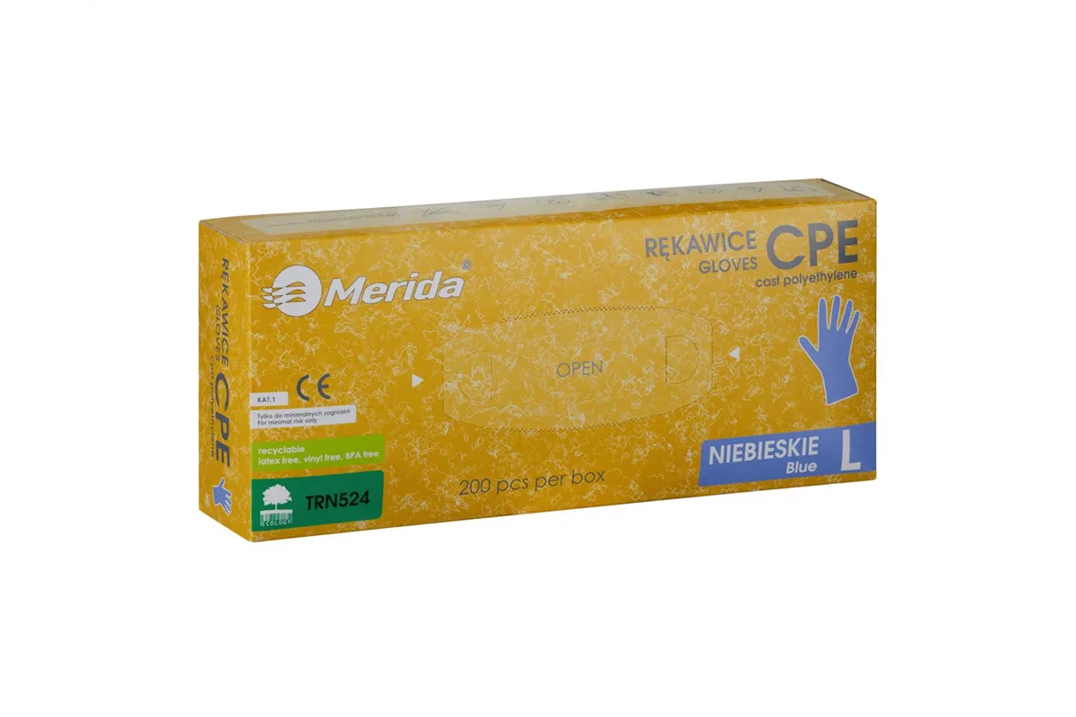 Rękawice hybrydowe antypoślizgowe niebieskie, opakowanie 200 szt., rozmiar L
 Merida TRN524