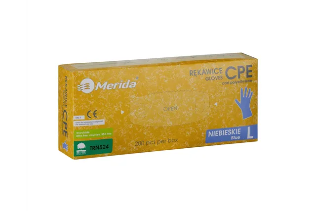 Rękawice hybrydowe antypoślizgowe niebieskie, opakowanie 200 szt., rozmiar L
 Merida TRN524