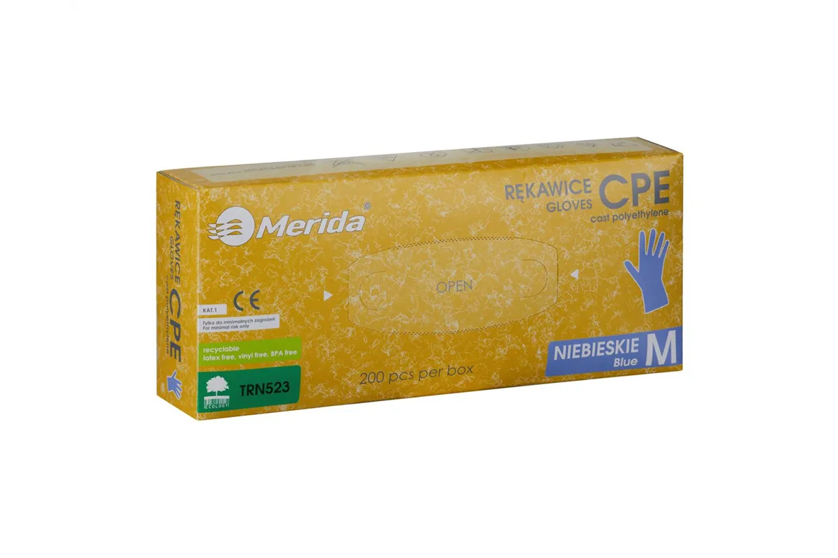 Rękawice hybrydowe antypoślizgowe niebieskie, opakowanie 200 szt., rozmiar M
 Merida TRN523