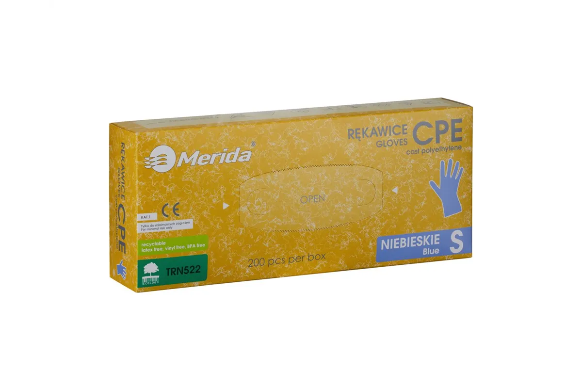 Rękawice hybrydowe antypoślizgowe niebieskie, opakowanie 200 szt., rozmiar S
 Merida TRN522