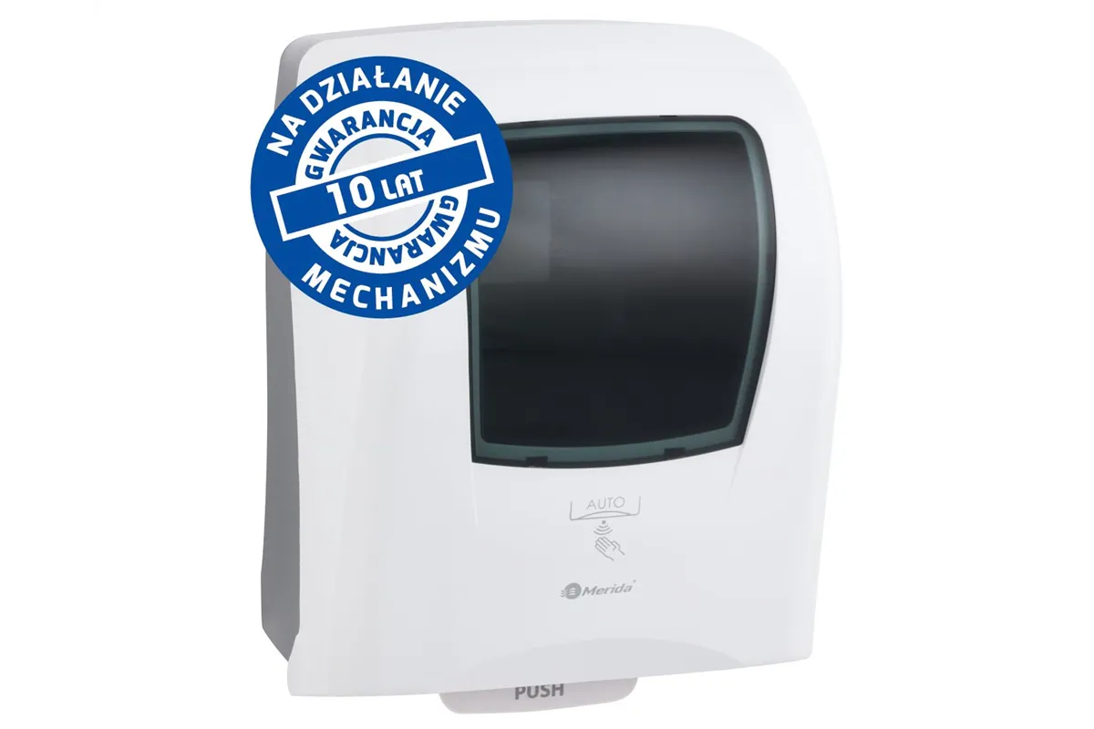 Automatyczny bezdotykowy podajnik ręczników papierowych w rolach MERIDA ONE AUTOMATIC MAXI, tworzywo ABS, biały
 Merida CEB501
