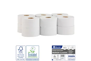 Papier toaletowy MERIDA CLASSIC, biały, średnica 19 cm, długość 180 m, jednowarstwowy, zgrzewka 12 szt., ECOLABEL Merida PKB204